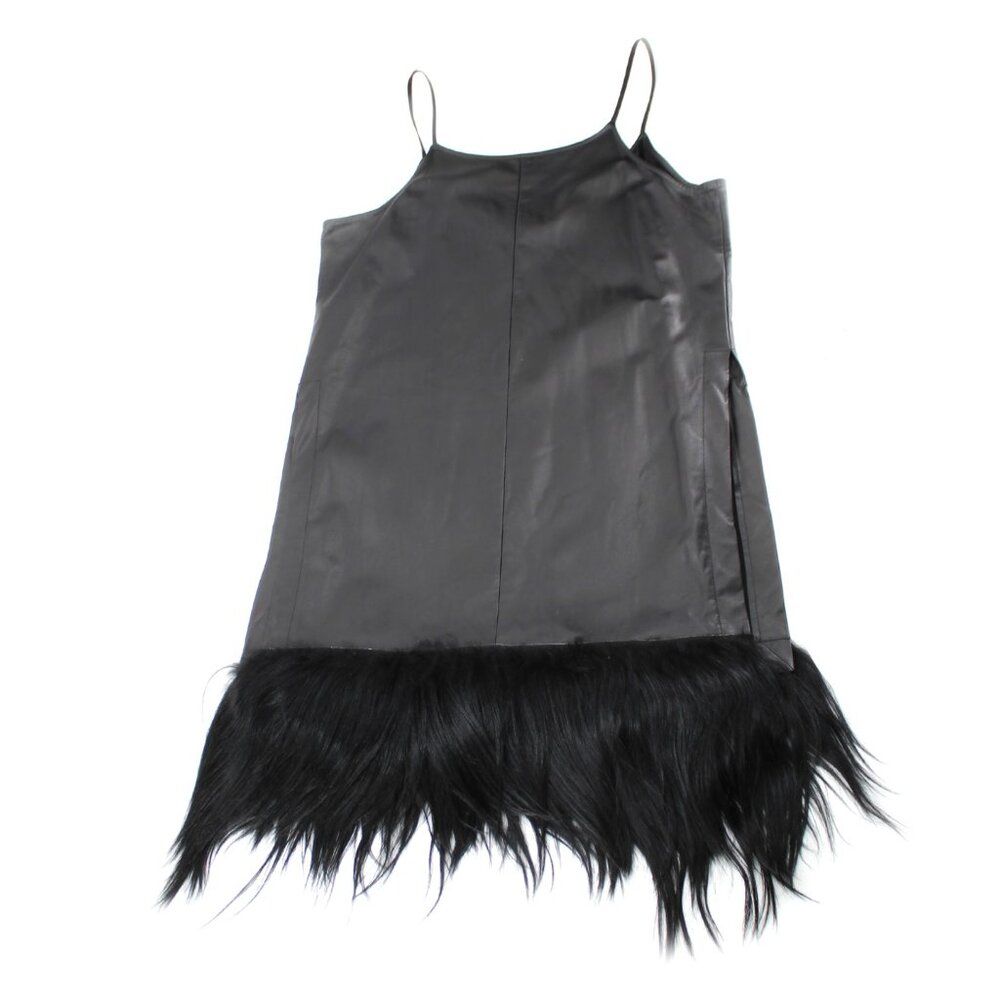 Gary Graham Black Leather Fur Side Slit Tunic Dress Sleeveless Avant Garde SZ 10 - Picture 11 of 16